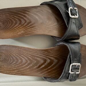 Dr. Scholl's Black Leather Slide Sandals with Brown Footbed and Silver Buckles